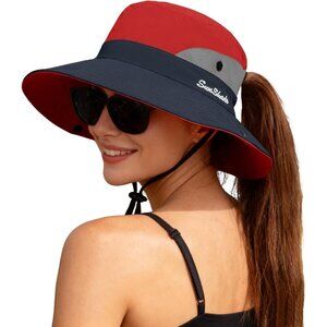 Women's Red 100% Polyester Wide Brim Mesh Uv Protection Chin Strap Cowboy Hat